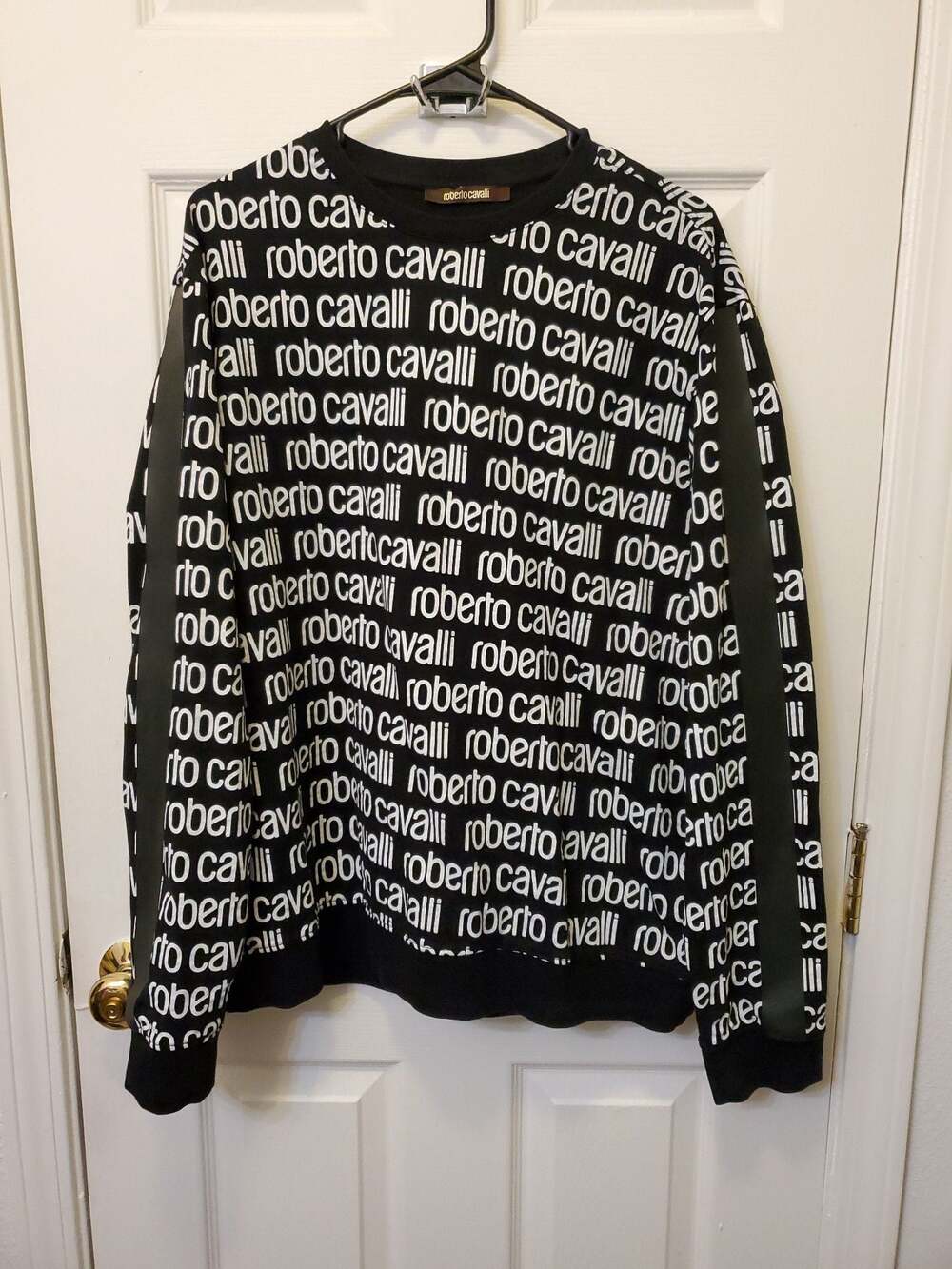 Roberto Cavalli All-Over Repeating Logo Crewneck Sweatshirt Black XL EUC